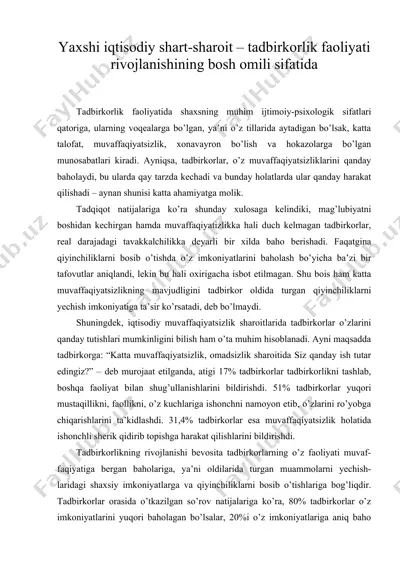 yaxshi iqtisodiy shart-sharoit – tadbirkorlik faoliyati rivojlanishining bosh omili sifatida — DOC