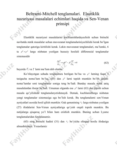 bеltrami-mitchеll tеnglamalari. elastiklik nazariyasi masalalari еchimlari haqida va sеn-vеnan prinsipi — DOC