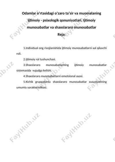 odamlar o‘rtasidagi o‘zaro ta’sir va muomalaning ijtimoiy - psixologik qonuniyatlari — DOC