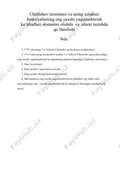chebishev teoremasi va uning uzluksiz funksiyalarning eng yaxshi yaqinlashtirish — DOC