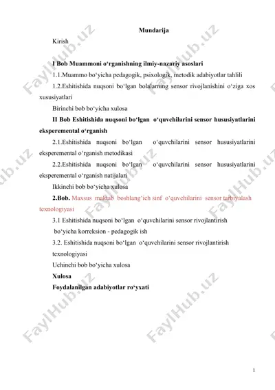 eshitishida nuqsoni bo‘lgan o‘quvchilarini sensor hususiyatlarini eksperemental o‘rganish  — DOC