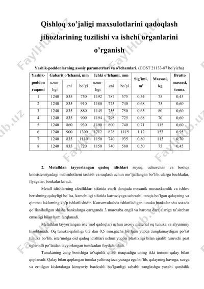 qishloq xo'jaligi maxsulotlarini qadoqlash jihozlarining tuzilishi va ishchi organlarini o'rganish — DOCX