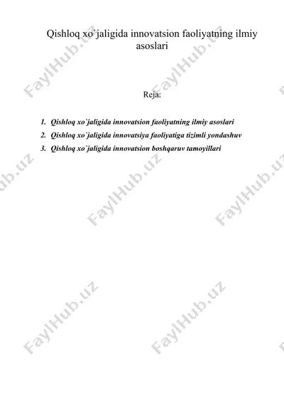 qishloq xo`jaligida innovatsion faoliyatning ilmiy asoslari — DOC