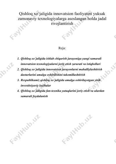 qishloq xo`jaligida innovatsion faoliyatini yuksak zamonaviy texnologiyalarga asoslangan holda jadal rivojlantirish — DOC