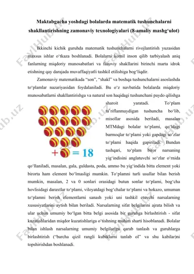 maktabgacha yoshdagi bolalarda matematik tushunchalarni shakllantirishning zamonaviy texnologiyalari (8-amaliy mashg‘ulot) — DOCX