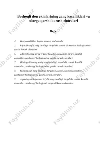 boshoqli don ekinlarining zang kasalliklari va ularga qarshi kurash choralari — DOC