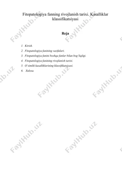fitopatologiya fanning rivojlanish tarixi. kasalliklar klassifikatsiyasi — DOC