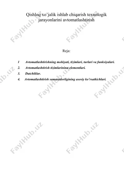 qishloq xo’jalik ishlab chiqarish texnologik jarayonlarini avtomatlashtirish — DOC