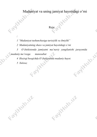 madaniyat va uning jamiyat hayotidagi o’rni — DOC
