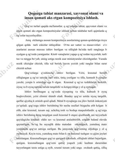 qog̀ozga tabiat manzarasi, xayvonat olami va inson qomati aks etgan kompozitsiya ishlash — DOC