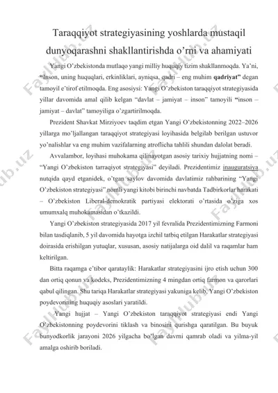 taraqqiyot strategiyasining yoshlarda mustaqil dunyoqarashni shakllantirishda oʼrni va ahamiyati — DOCX