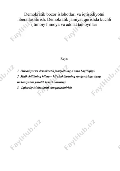 dеmоkrаtik bоzоr islоhоtlаri vа iqtisоdiyotni libеrаllаshtirish. dеmоkrаtik jаmiyat qurishdа kuchli ijtimоiy himоya vа аdоlаt tаmоyillаri — DOC