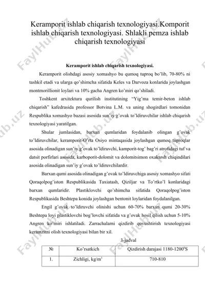 keramporit ishlab chiqarish texnologiyasi.komporit ishlab chiqarish texnologiyasi. shlakli pemza ishlab chiqarish texnologiyasi — DOCX