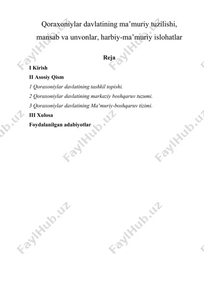 qoraxoniylar davlatining ma’muriy tuzilishi, mansab va unvonlar, harbiy-ma’muriy islohatlar — DOCX