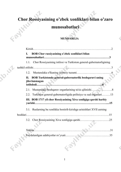 chor rossiyasining o’zbek xonliklari bilan o’zaro munosabatlari — DOCX