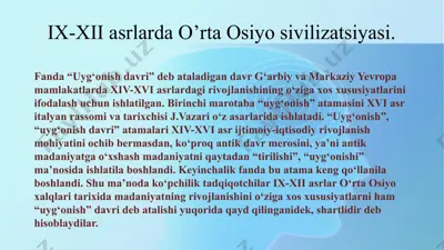 ix-xii asrlarda o’rta osiyo sivilizatsiyasi — PPTX