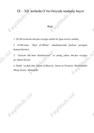 ix – xii asrlarda o'rta osiyoda madaniy hayot — DOC