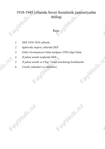 1918-1945 yillarida sovet sosialistik jumxuriyatlar ittifoqi — DOC
