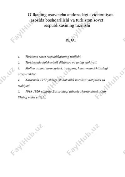o`lkaning «sovetcha andozadagi avtonomiya» asosida boshqarilishi va turkiston sovet respublikasining tuzilishi — DOC