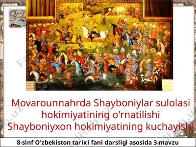 movarounnahrda shayboniylar sulolasi hokimiyatining o'rnatilishi shayboniyxon hokimiyatining kuchayishi 8-sinf — PPTX
