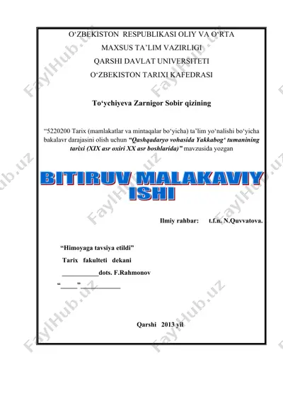 qashqadaryo vohasida yakkabog‘ tumanining tarixi (xix asr oxiri xx asr boshlarida) — DOC