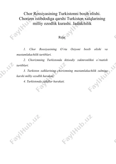 chor rossiyasining turkistonni bosib olishi. chorizm istibdodiga qarshi turkiston xalqlarining milliy ozodlik kurashi. jadidchilik — DOC