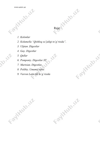 rimda ijtimoiy-iqtisodiy hayot. qulchilik. kolonlar kolumella “qishloq xo`jaligi to`g`risida”, 1, 1-9; 11, 111, 3 — DOC
