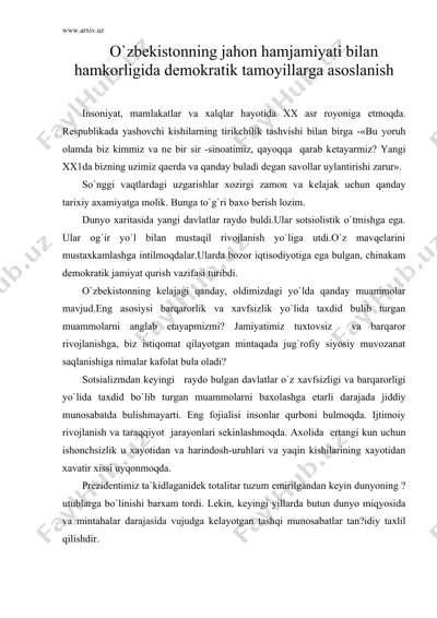 o`zbеkistonning jahon hamjamiyati bilan hamkorligida dеmokratik tamoyillarga asoslanish — DOC