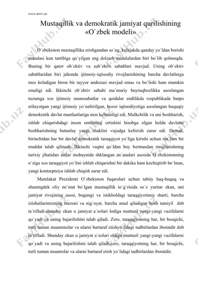 mustaqillik va dеmokratik jamiyat qurilishining «o`zbеk modеli» — DOC