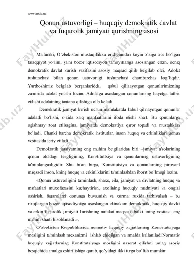 qonun ustuvorligi – huquqiy dеmokratik davlat va fuqarolik jamiyati qurishning asosi — DOC