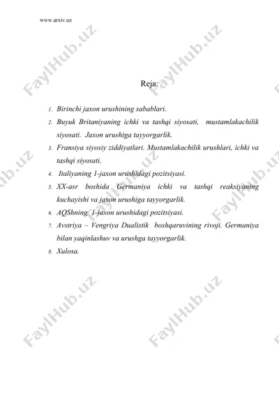 birinchi jahon urushining sabablari va oqibatlari — DOC