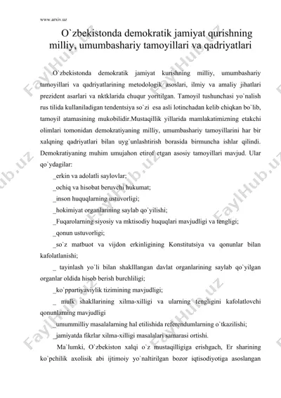 o`zbеkistonda dеmokratik jamiyat qurishning milliy, umumbashariy tamoyillari va qadriyatlari — DOC