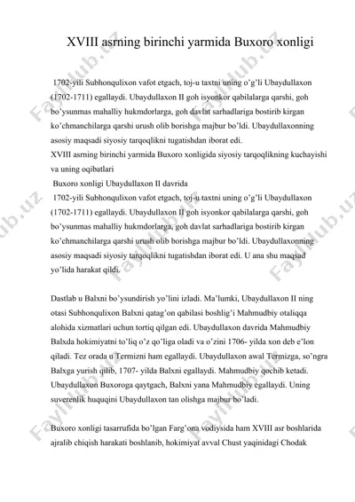 xviii asrning birinchi yarmida buxoro xonligi — DOC