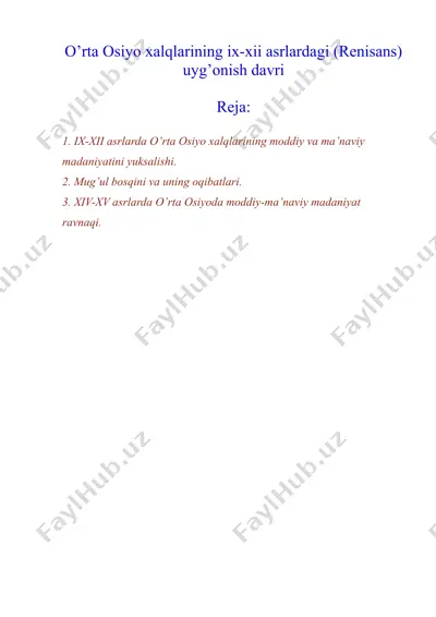 o’rta osiyo xalqlarining ix-xii asrlardagi (renisans) uyg’onish davri — DOC