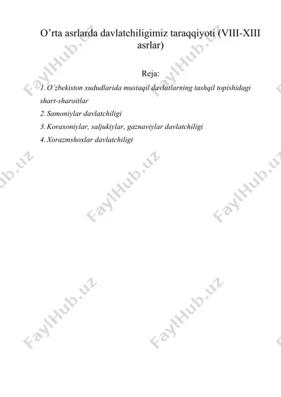 o’rta asrlarda davlatchiligimiz taraqqiyoti (viii-xiii asrlar) — DOC