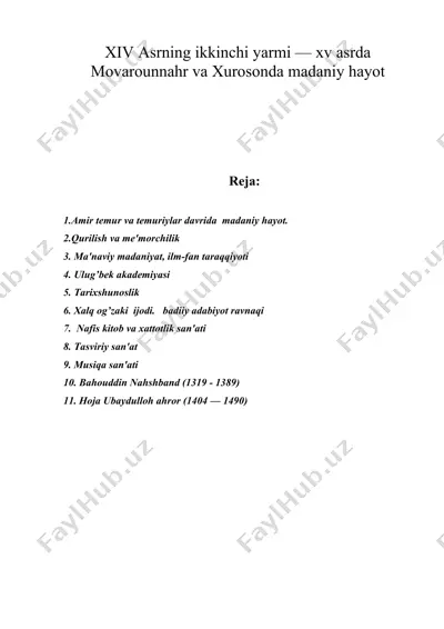 xiv asrning ikkinchi yarmi — xv asrda movarounnahr va xurosonda madaniy hayot — DOC