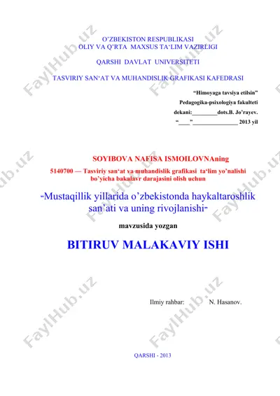 mustaqillik yillarida o’zbekistonda haykaltaroshlik san’ati va uning rivojlanishi — DOC