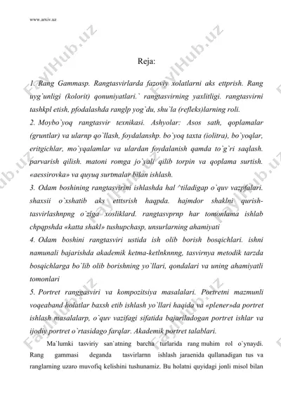 rang gammasp. rangtasvirlarda fazoviy xolatlarni aks ettprish. rang uyg`unligi (kolorit) qonuniyatlari.` rangtasvirning yaxlitligi — DOC
