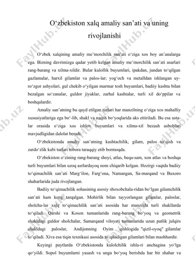 o‘zbekiston xalq amaliy san’ati va uning rivojlanishi — DOC