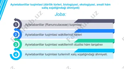 ayiwtabanlilar tuqimlasi (dárilik tùrleri, biologiyasi, ekologiyasi, areali hám xaliq xojaliǵindaǵi áhmiyeti) — PPTX