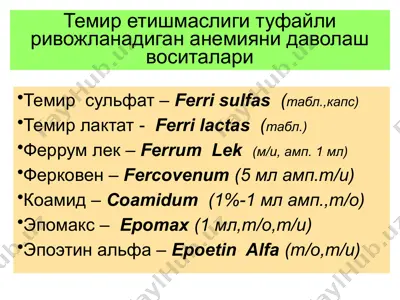 темир етишмаслиги туфайли ривожланадиган анемияни даволаш воситалари — PPTX