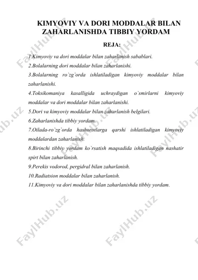 kimyoviy va dori moddalar bilan zaharlanishda tibbiy yordam — DOC