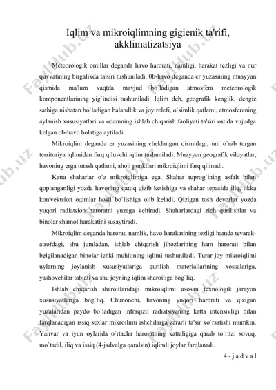 iqlim va mikroiqlimning gigiеnik ta'rifi, akklimatizatsiya — DOC