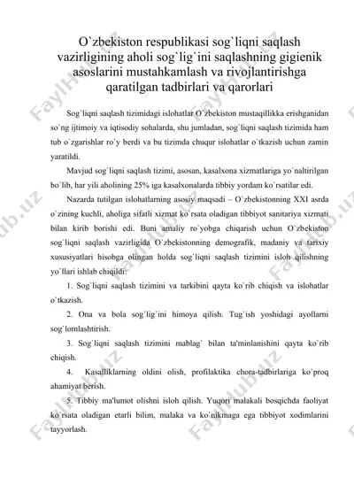 o`zbеkiston rеspublikasi sog`liqni saqlash vazirligining aholi sog`lig`ini saqlashning gigiеnik asoslarini mustahkamlash va rivojlantirishga qaratilgan tadbirlari va qarorlari — DOC