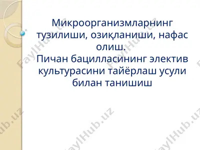 микроорганизмларнинг тузилиши, озиқланиши, нафас олиш. пичан бацилласининг электив культураси — PPTX