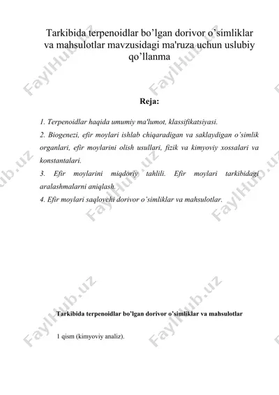 tarkibida tеrpеnoidlar bo’lgan dorivor o’simliklar va mahsulotlar mavzusidagi ma'ruza uchun uslubiy qo’llanma — DOC