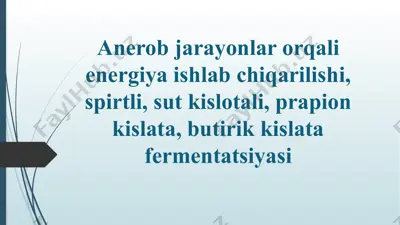 anerob jarayonlar orqali energiya ishlab chiqarilishi, spirtli, sut kislotali, prapion kislata, butirik kislata fermentatsiyasi — PPTX