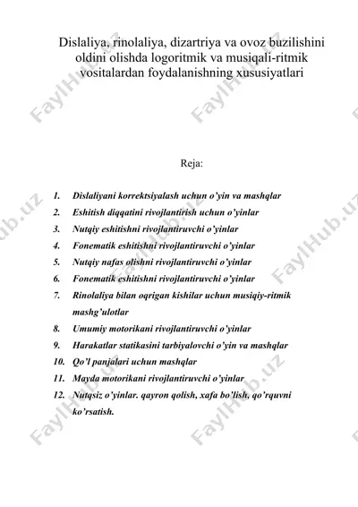 dislaliya, rinolaliya, dizartriya va ovoz buzilishini oldini olishda logoritmik va musiqali-ritmik vositalardan foydalanishning xususiyatlari — DOC
