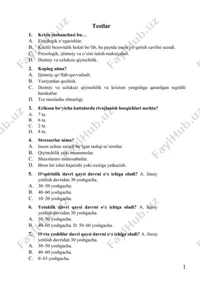 kattalarda hamshiralik parvarishi testlar — DOCX