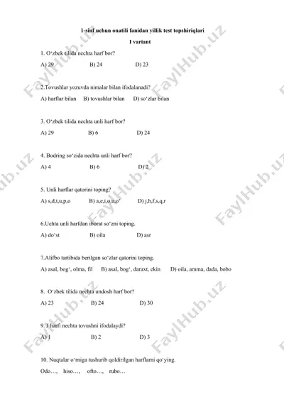 ona tili fanidan 3-4-sinflar uchun yakuniy testlar — DOCX